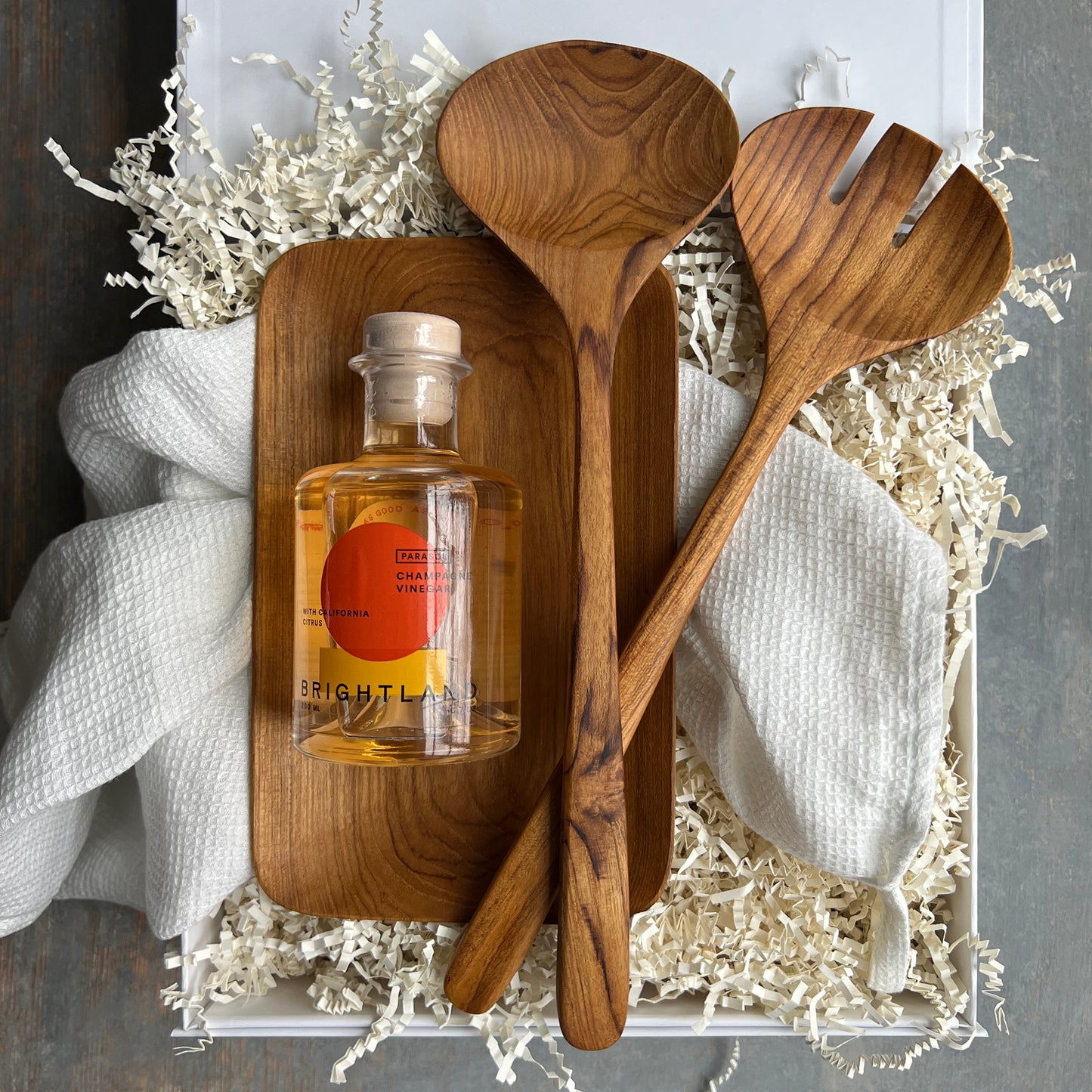 Bon Appétit Gift Box - includes Teak Salad Servers, Teak Tray, Tea Towel and Champagne Vinegar