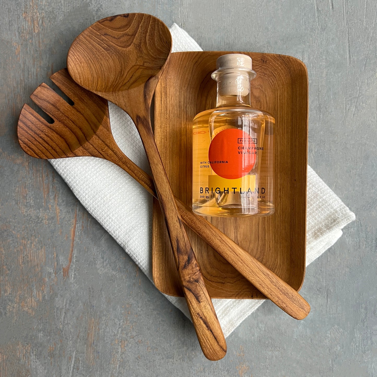 Bon Appétit Gift Box - includes Teak Salad Servers, Teak Tray, Tea Towel and Champagne Vinegar