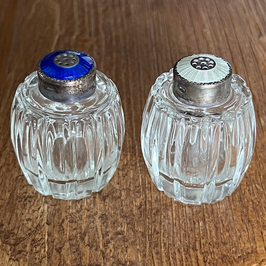 Sterling, Guilloche Enamel and Glass Meka Salt Shakers - Set of 2