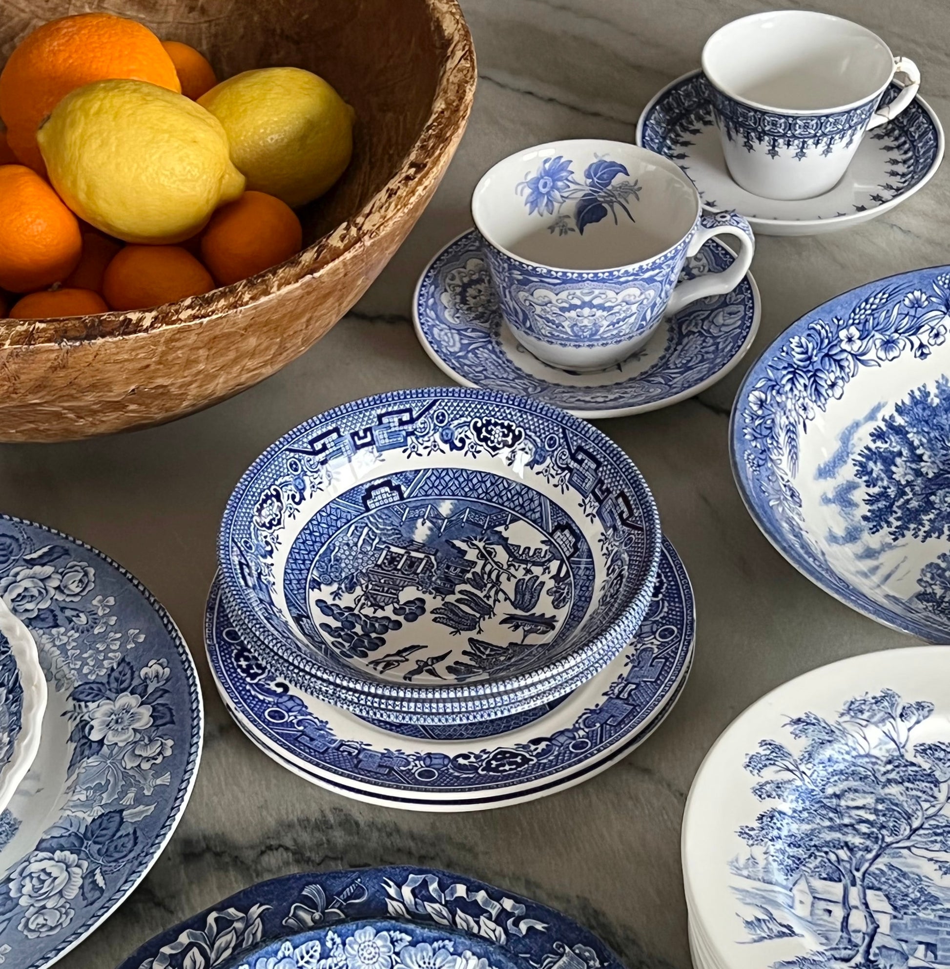 Set of Five (5) Willow Ware Blue & White Plates, England